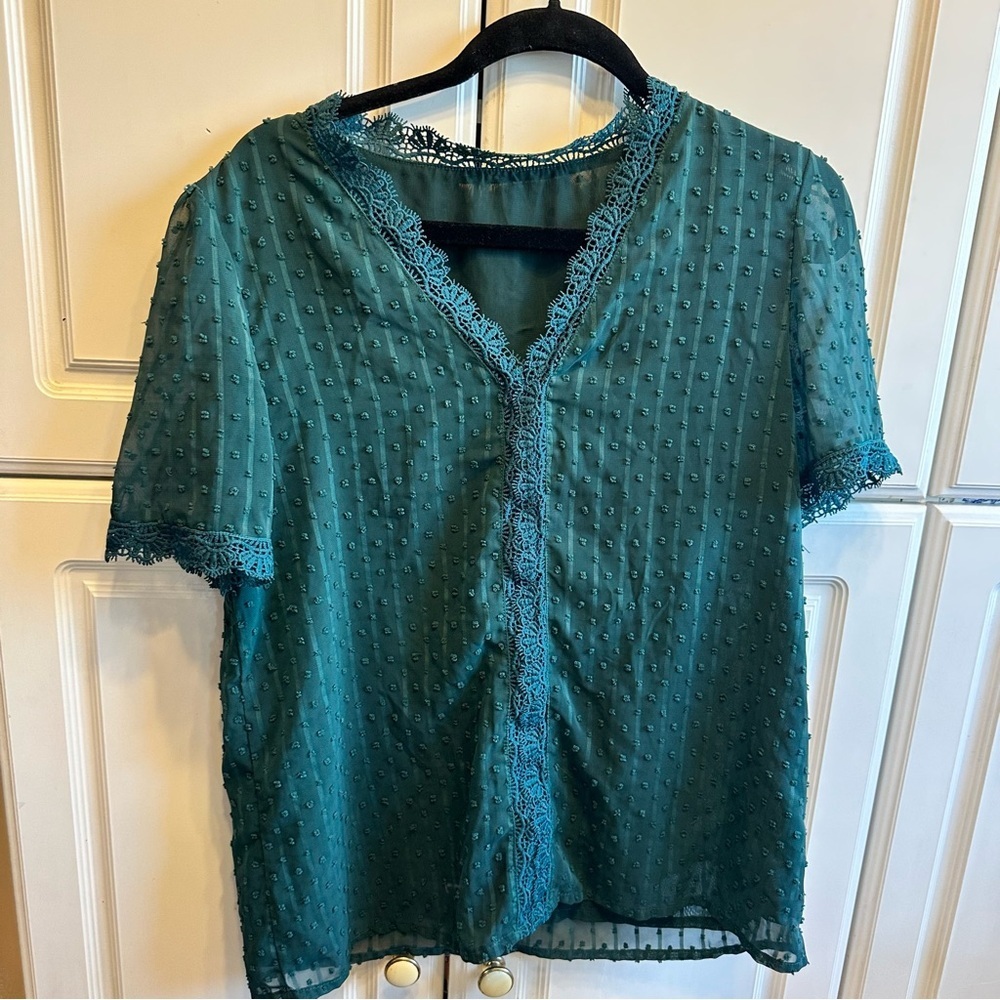 Woman’s Teal Swiss Dot Lace-Trim Short Sleeve Blouse, Size: L